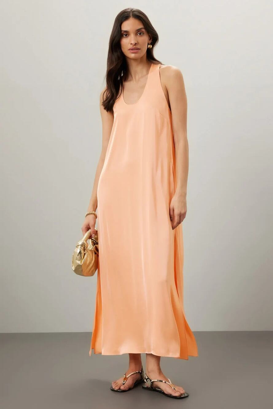 Rosetta Getty Twist Back Shift Dress Satin Sleeveless Scoop Neck Maxi Peach 8